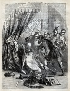 Cardinal Beatons död, 29 maj 1546 - Kardinal David Beaton (c1494-1546), ärkebiskop av St. Andrews, mördad under den skotska reformationen - gravyr från "" History of England"" av Cassell Petter & Galpin, London (1890) av English School