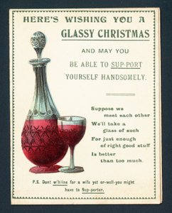 Karaff och glas rött vin, julkort av English School