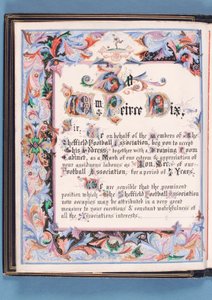 Dedikation från en adress som presenterades av Sheffield Football Association till William Pierce-Dix i samband med hans pensionering som sekreterare, 1882 (bläck på papper) (se även 315163) av English School