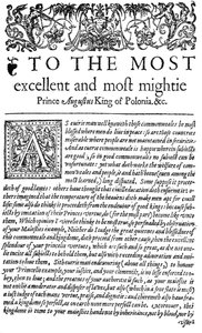 Dedikation till kungen av Polen Sigismund II Augustus I i The Counsellor, den första engelska översättningen av Wawrzyniec Grzyma?a Go?lickis De optimo senatore, 1598 (tryck) av English School