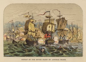 Amiral Blakes nederlag mot den nederländska flottan (gravyr i färg) av English School