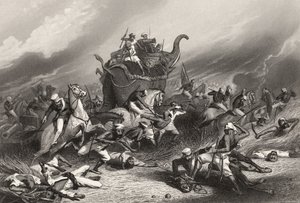 Peishwas armés nederlag inför Jhansi av general Rose den 1 april 1858, från "The History of the Indian Mytery" publicerad 1858 av English School