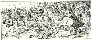 Västsaxarnas nederlag vid Mount Budon, Somerset, 500 AD (litografi) av English School