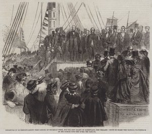 Avgång för 800 icke-konformister från London, på torsdagsveckan, för New Colony of Albertland, Nya Zeeland, scen ombord på Matilda Wattenbach på hennes passage nerför floden (gravyr) av English School
