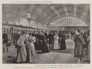 Drottning Wilhelmina och drottningregenten av Nederländerna avgår, scen på Victoria Station den 9 maj (litho) av English School