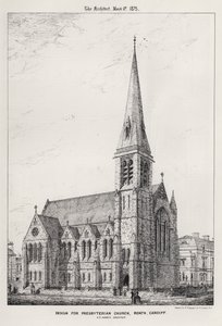Design för Presbyterian Church, Roath, Cardiff (gravyr) av English School