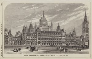 Design för proposed Law Courts, av Mr E M Barry, ARA, View in the Strand (gravyr) av English School