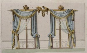 Design för fönstergardiner, skylt 64 från Ackermanns Repository of Arts, publicerad 1814 (färg litho) av English School