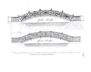 Design för trädgårdsbroar, publicerad 1773 av English School