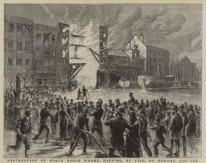 Förödelse av Black Eagle Wharf, Wapping, genom brand, måndagen den 31 oktober (gravyr) av English School