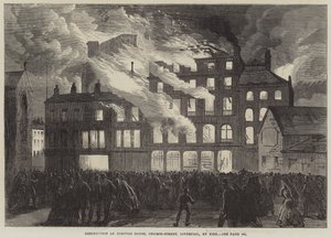 Förstörelse av Compton House, Church-Street, Liverpool, genom brand (gravyr) av English School