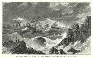 Förstörelse av fartyg från Armada på Irlands kust (gravyr) av English School