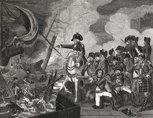 Destruction of the Gun Boats Before Gibraltar, graverad av H.Cook, 1816 av English School