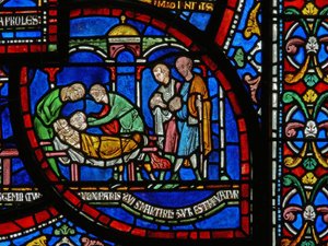 Detalj från Miracle Window som visar Jordan Fitzeisulfs berättelse av English School