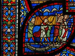 Detalj från Miracle Window som visar Jordan Fitzeisulfs berättelse av English School