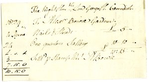 Devonshire MSS AS 3101, folio från en bunt sedlar som betalats av Pinder Simpson för Lord George Cavendish, inklusive Alexander Bowies sedel av English School