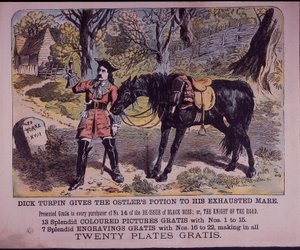 Dick Turpin med sin häst Black Bess på väg till York (färg litho) av English School
