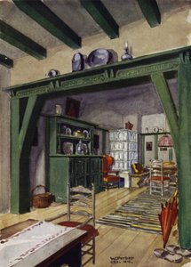 Matsal och vardagsrum i ett hus på landet (litho i färg) av English School