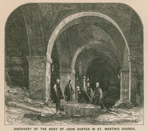 Upptäckt av John Hunters kropp i St Martins Church, London av English School