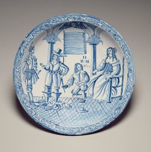 Fat med drottning Catherine sittande med en sko monterad av en knästående kavaljer, 1677 (tennglaserat lergods) av English School