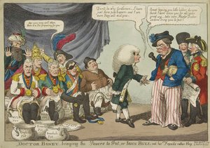 Doctor Boney_bringing the Powers to Pot, eller John Bull och hans vänner ganska blyga, pub. 1808 (handfärgad gravyr) av English School