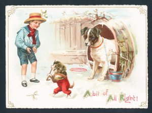 Hund, valp och pojke som leker i snön, julkort av English School