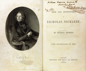 Dubbelsidig uppslag med ett porträtt av Dickens och en dedikation av Dickens till William Harrison Ainsworth av English School