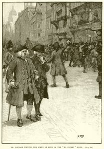 Dr. Johnson betrachtet die Szene einiger No-Popery-Unruhen