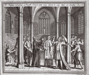 Dr Taylor tillrättavisar en påvlig präst som var på väg att säga mässa i Hadley Church, illustration från Foxes Martyrs c.1703 av English School