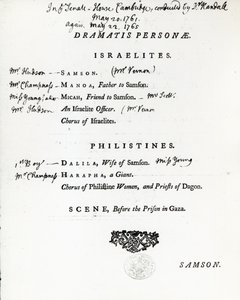 Dramatis Personae for Samson, ett oratorium av Händel, publicerat 1759 av English School