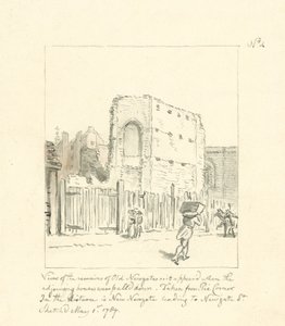 Ritning av resterna av Old Newgate (bläck på papper) av English School