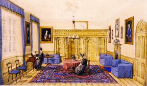 Salongsinredning av ett hus på landet, ca 1830 (akvarell på papper) av English School