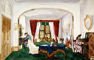 Salongsinteriör, kvinna vid piano, man i bowlerhatt skrift, ca 1850 (akvarell på papper) av English School