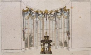 Sallfönstergardin och jardiniere, skylt 101 från Ackermanns Repository of Arts, publicerad 1809-28 (färg litho) av English School