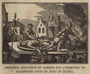 Fruktansvärd avrättning av Damiens för försök att mörda Ludvig XV, kung av Frankrike av English School