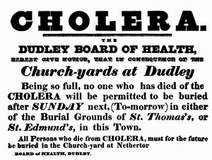 Dudley Board of Health-affisch som tillkännager begravningsförfarandet för människor som har dött i kolera, ca 1840-talet