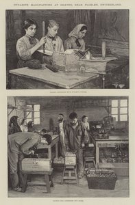Dynamittillverkning på Isleten, nära Fluelen, Schweiz (gravyr) av English School