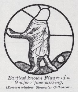 Den tidigaste kända figuren av en golfspelare, ansikte saknas, östra fönster, Gloucester Cathedral (litho) av English School