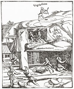 Tidig representation av Divining Rod, som visar en figur med en dykstav ovan jord som letar efter vatten, kol eller guld och gruvarbetarna under jorden sliter för att hitta kol. Från The Strand Magazine publicerad 1897. av English School