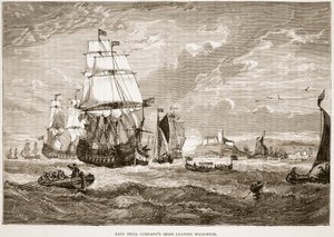 East India Company fartyg som lämnar Woolwich, illustration från Cassell