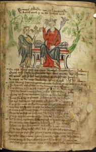 Edward II sitter på en tron, med spiran i vänster hand och rör vid hans krona med höger hand. En liten figur (möjligen en personifiering av Wales) erbjuder honom ytterligare en krona (troligen Skottlands krona). Man tror att den andra figuren är en av English School