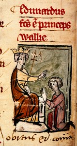 Edward av Caernarvon [Edward II] skapade Prince of Wales och Earl of Chester av sin far, kung Edward I, vid Lincolns parlament, illustration från 