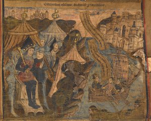 Edward av York, tillsammans med Earls of Salisbury och Warwick seglade mot Calais, efter slaget vid Ludford Bridge. Kung Henrik VI ser på triumf, illustration från 
