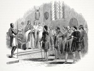Edward den förste presenterar de walesiska hövdingarna med en prins född bland dem, på Rhuddlan Castle av English School