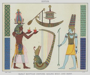 Egyptisk, tidig egyptisk kostym, segelbåt och harpa (färg litho) av English School