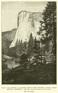 El Capitan, en granitklippa i Yosemite Valley, Sierra Nevada, Kalifornien, 3 300 fot över dalens nivå av English School