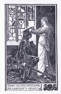 Elaine knyter ärmen runt Sir Lancelots hjälm, illustration från "The Book of Romance" publicerad av Longmans Green och Co av English School