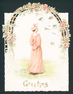 Elegant dam som står under valv, julkort av English School