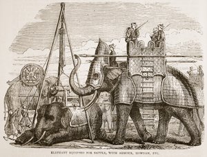 Elefant utrustad för strid, med rustning, howdah, etc., illustration från Cassells Illustrated History of India av James Grant, pub. 1879 av English School