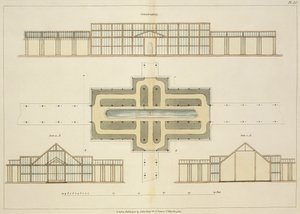 Förhöjder och grundplan av ett växthus, från Tips om bildandet av trädgårdar och nöjesmarker av John Claudius Loudon (1783-1843) publicerad 1812 av English School